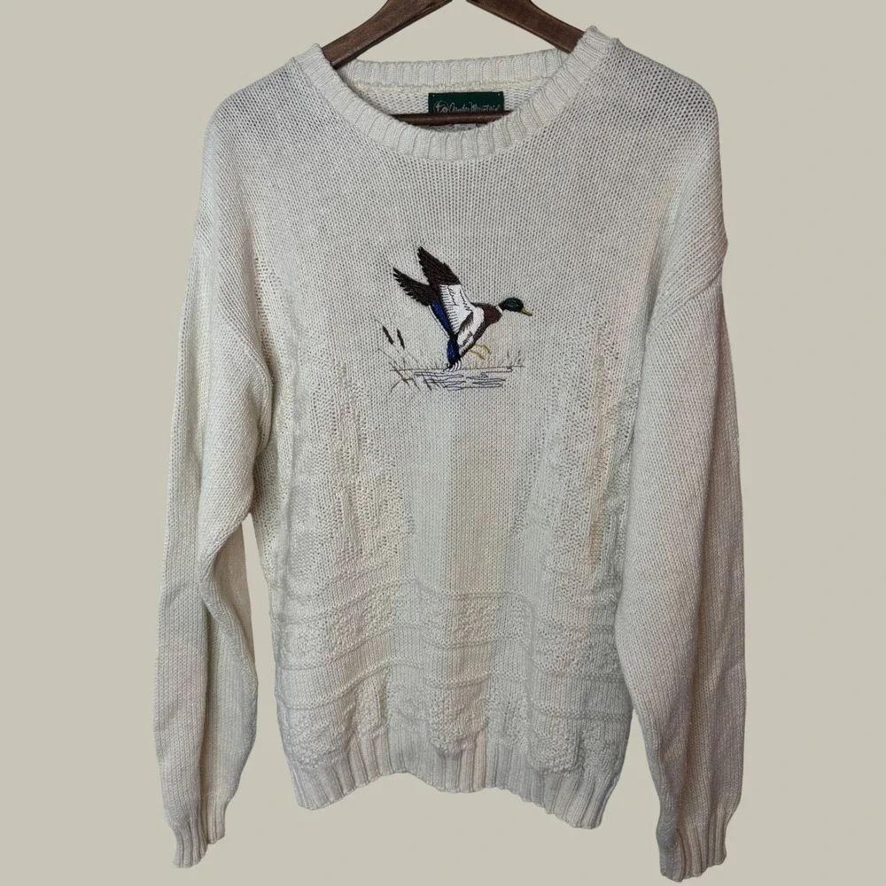 Vintage Gander Mountain Mens Medium Cotton Knit Mallard Duck Sweater Made in USA